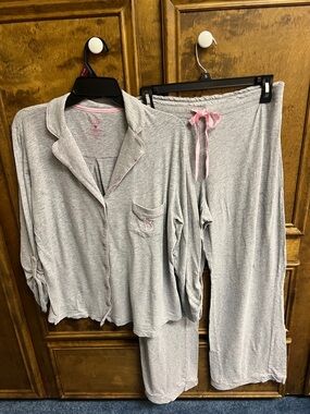 Victoria's Secret Light Gray Pajama Set with Pink Trim